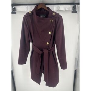 GUESS Asymmetrical Belted Wool Blend Trench Coat Port Burgundy Large L Floral